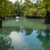 A boater enjoying Rock Bluff Springs in the early morning.