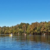 People kayaking down the Santa Fe River on a sunny day