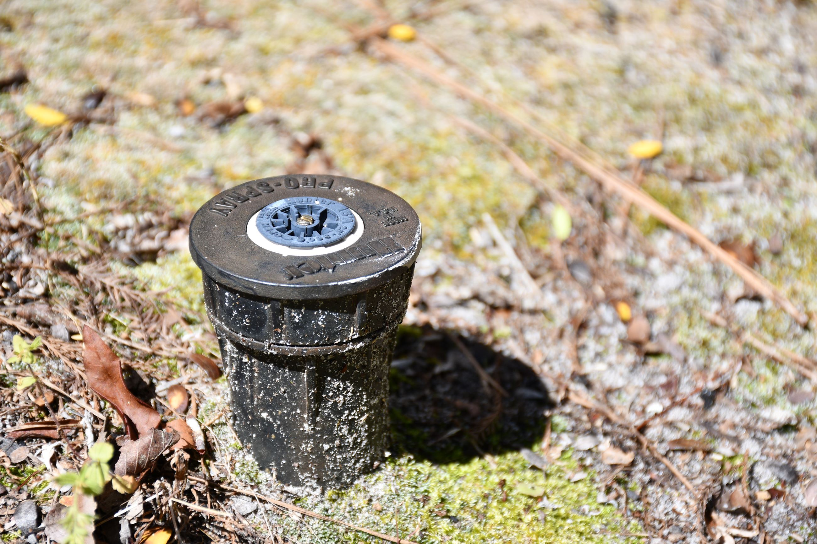 Small sprinkler surrounded by dirt, moss and leaves